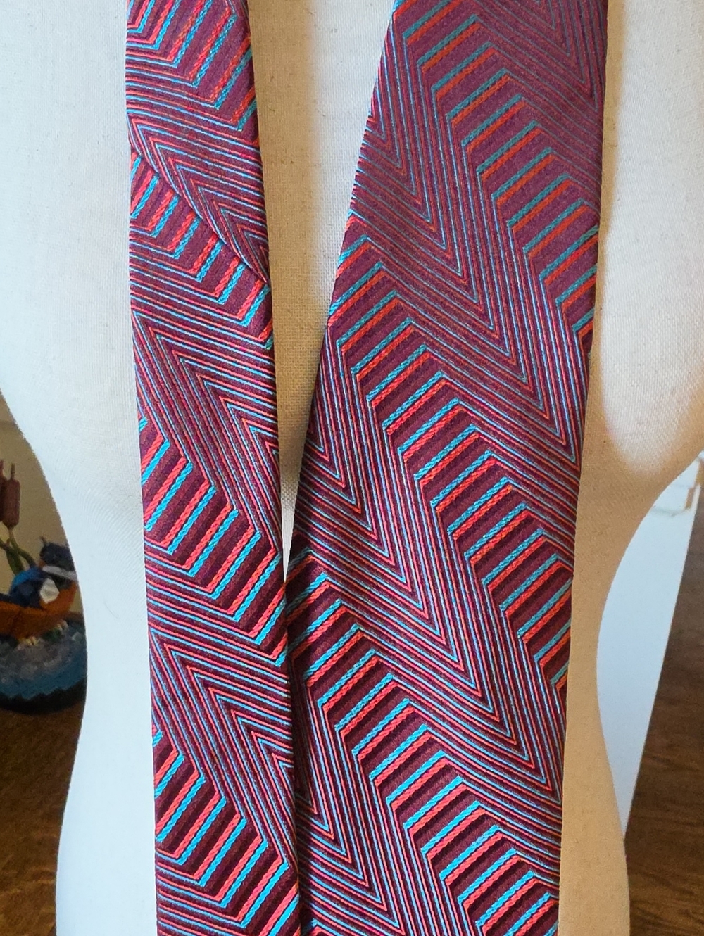Christian Lacroix Coral Tie with Blue and Black Chevron Stripes